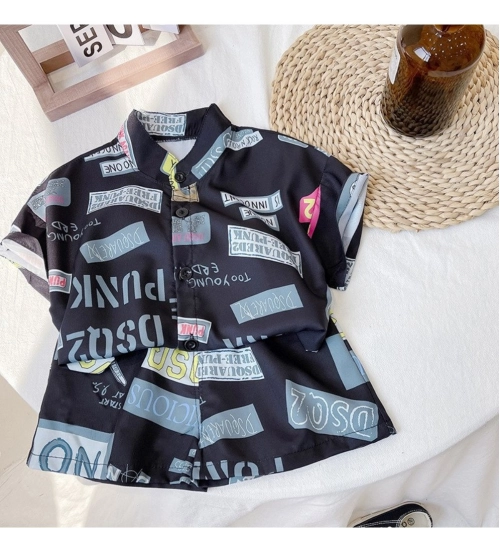 Kid's Lycra Printed Casual wear Shirt And Shorts Set (Black)