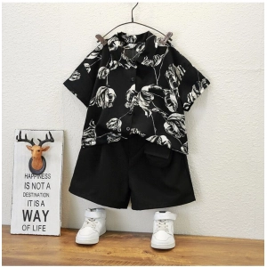 Generic Kid's Lycra Printed Casual wear Shirt And Shorts Set (Black)