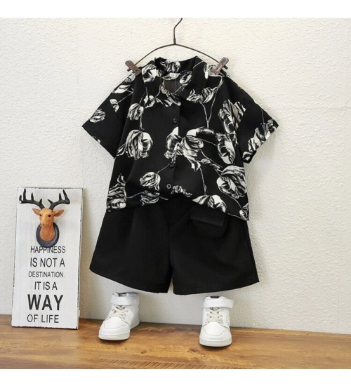 Kid's Lycra Printed Casual wear Shirt And Shorts Set (Black)