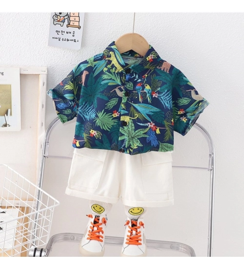 Kid's Lycra Printed Casual wear Shirt And Shorts Set (Blue)