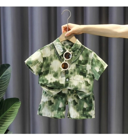 Kid's Lycra Printed Casual wear Shirt And Shorts Set (Green)