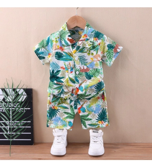 Kid's Lycra Printed Casual wear Shirt And Shorts Set (Green)