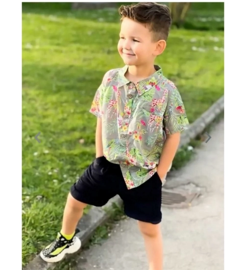 Kid's Lycra Printed Casual wear Shirt And Shorts Set (Gray)