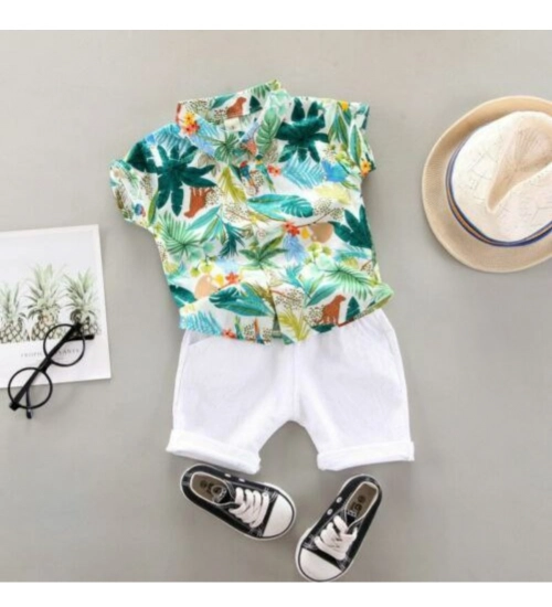 Kid's Lycra Printed Casual wear Shirt And Shorts Set (Green)