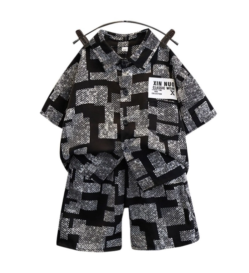 Kid's Lycra Printed Casual wear Shirt And Shorts Set (Black)