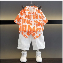 Kid's Lycra Printed Casual wear Shirt And Shorts Set (Orange)