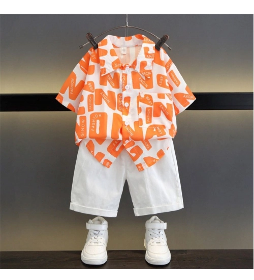 Kid's Lycra Printed Casual wear Shirt And Shorts Set (Orange)