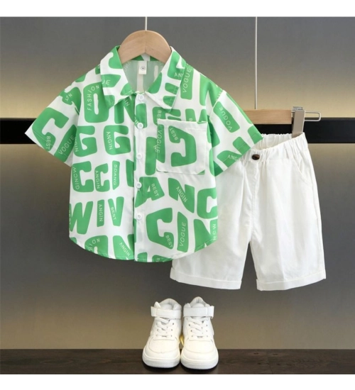 Kid's Lycra Printed Casual wear Shirt And Shorts Set (Green)