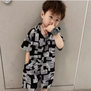 Generic Kid's Lycra Printed Casual wear Shirt And Shorts Set (Black)