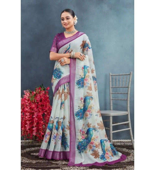 Women's Linen Floral Printed Saree With Unstitched Blouse 5.5Mtr (Magenta)