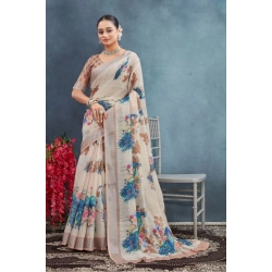 Women's Linen Floral Printed Saree With Unstitched Blouse 5.5Mtr (Beige)