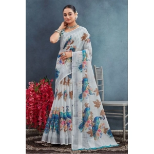 Generic Women's Linen Floral Printed Saree With Unstitched Blouse 5.5Mtr (Off-White)