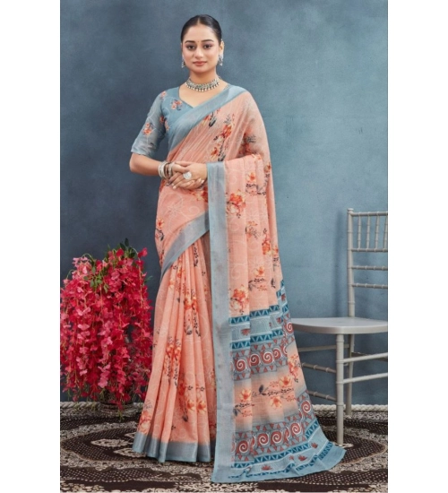 Women's Linen Floral Printed Saree With Unstitched Blouse 5.5Mtr (Orange)