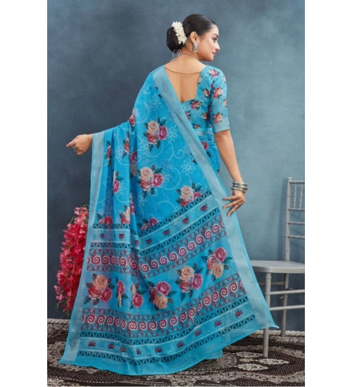 Women's Linen Floral Printed Saree With Unstitched Blouse 5.5Mtr (Blue) Women's Linen Floral Printed Saree With Unstitched Blouse 5.5Mtr (Blue)