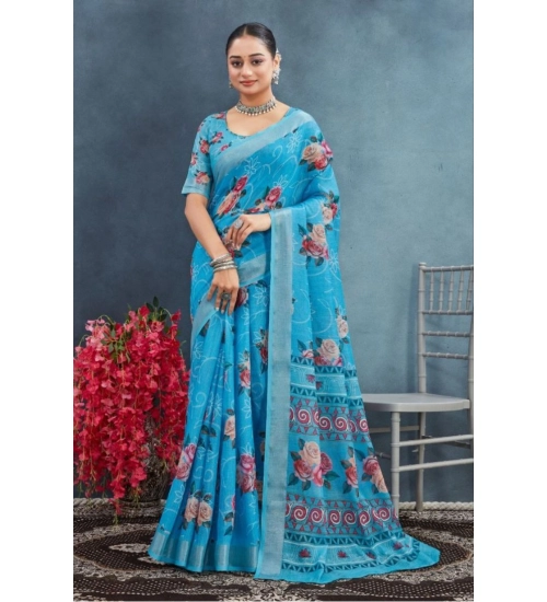 Women's Linen Floral Printed Saree With Unstitched Blouse 5.5Mtr (Blue)
