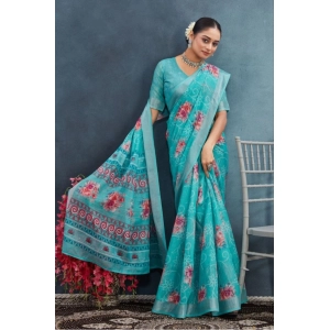 Generic Women's Linen Floral Printed Saree With Unstitched Blouse 5.5Mtr (Aqua)