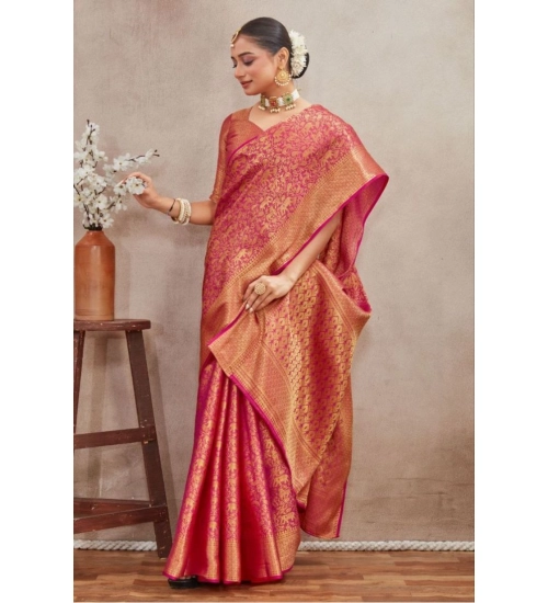 Women's Silk Blend Floral Printed Saree With Unstitched Blouse 5.5Mtr (Pink)