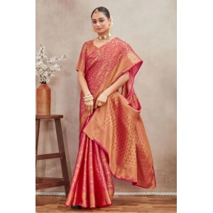 Generic Women's Silk Blend Floral Printed Saree With Unstitched Blouse 5.5Mtr (Peach)