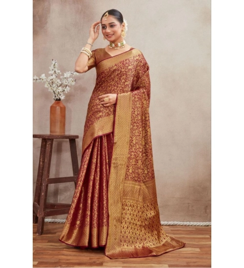 Women's Silk Blend Floral Printed Saree With Unstitched Blouse 5.5Mtr (Brown)