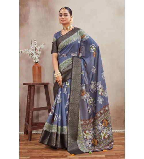 Women's Crepe Silk Printed Saree With Unstitched Blouse 5.5Mtr (Grey) Women's Crepe Silk Printed Saree With Unstitched Blouse 5.5Mtr (Grey)