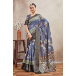 Women's Crepe Silk Printed Saree With Unstitched Blouse 5.5Mtr (Grey)
