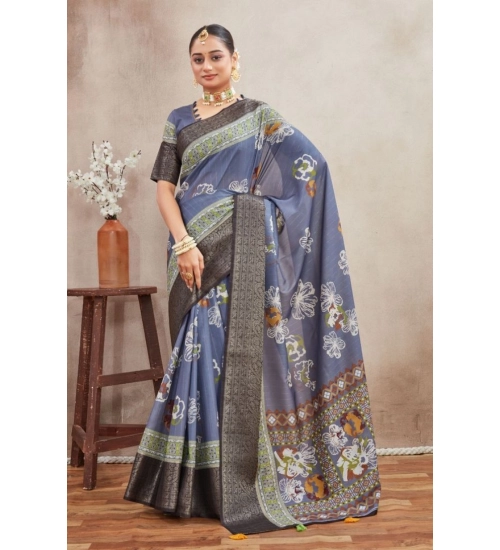 Women's Crepe Silk Printed Saree With Unstitched Blouse 5.5Mtr (Grey)
