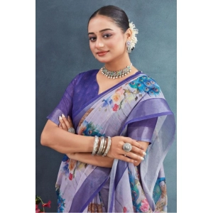 Generic Women's Linen Floral Printed Saree With Unstitched Blouse 5.5Mtr (Purple)