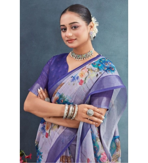 Women's Linen Floral Printed Saree With Unstitched Blouse 5.5Mtr (Purple)