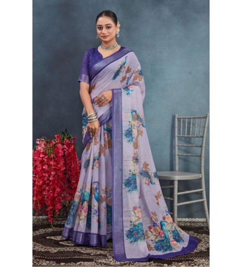 Women's Linen Floral Printed Saree With Unstitched Blouse 5.5Mtr (Purple)