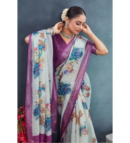 Women's Linen Floral Printed Saree With Unstitched Blouse 5.5Mtr (Magenta) Women's Linen Floral Printed Saree With Unstitched Blouse 5.5Mtr (Magenta)