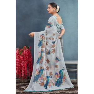 Generic Women's Linen Floral Printed Saree With Unstitched Blouse 5.5Mtr (Off-White)