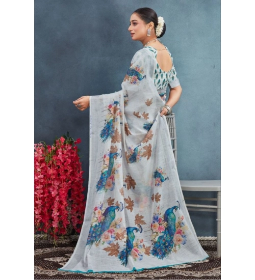 Women's Linen Floral Printed Saree With Unstitched Blouse 5.5Mtr (Off-White)
