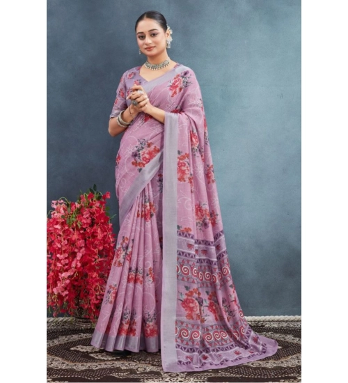 Women's Linen Floral Printed Saree With Unstitched Blouse 5.5Mtr (Purple)