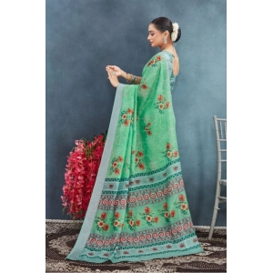 Generic Women's Linen Floral Printed Saree With Unstitched Blouse 5.5Mtr (Green)