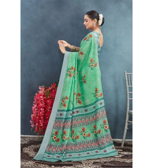 Women's Linen Floral Printed Saree With Unstitched Blouse 5.5Mtr (Green) Women's Linen Floral Printed Saree With Unstitched Blouse 5.5Mtr (Green)