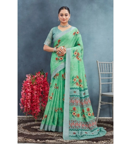 Women's Linen Floral Printed Saree With Unstitched Blouse 5.5Mtr (Green)