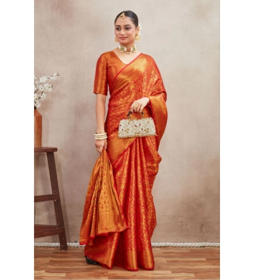 Women's Silk Blend Floral Printed Saree With Unstitched Blouse 5.5Mtr (Red)