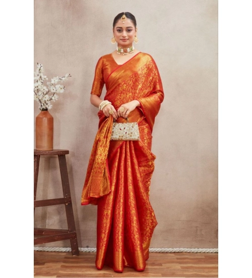 Women's Silk Blend Floral Printed Saree With Unstitched Blouse 5.5Mtr (Red)