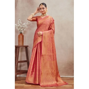 Generic Women's Silk Blend Floral Printed Saree With Unstitched Blouse 5.5Mtr (Peach)