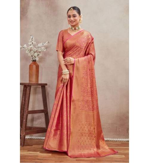 Women's Silk Blend Floral Printed Saree With Unstitched Blouse 5.5Mtr (Peach)