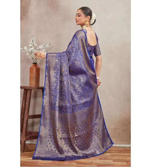 Women's Silk Blend Floral Printed Saree With Unstitched Blouse 5.5Mtr (Royal Blue)