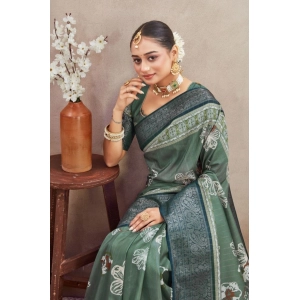 Generic Women's Crepe Silk Printed Saree With Unstitched Blouse 5.5Mtr (Green)