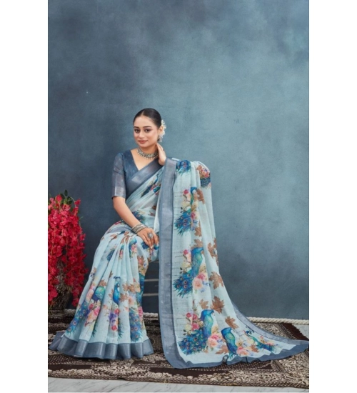 Women's Linen Floral Printed Saree With Unstitched Blouse 5.5Mtr (Grey) Women's Linen Floral Printed Saree With Unstitched Blouse 5.5Mtr (Grey)