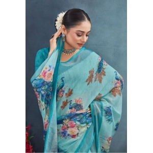 Generic Women's Linen Floral Printed Saree With Unstitched Blouse 5.5Mtr (Aqua)