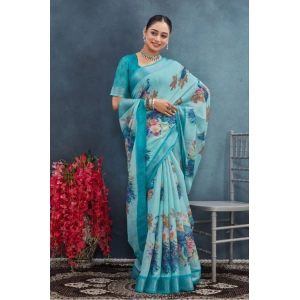 Generic Women's Linen Floral Printed Saree With Unstitched Blouse 5.5Mtr (Aqua)