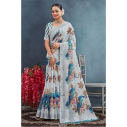 Women's Linen Floral Printed Saree With Unstitched Blouse 5.5Mtr (Off-White)