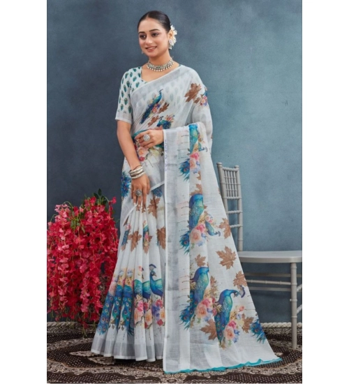Women's Linen Floral Printed Saree With Unstitched Blouse 5.5Mtr (Off-White)