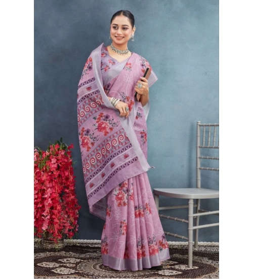Women's Linen Floral Printed Saree With Unstitched Blouse 5.5Mtr (Purple)