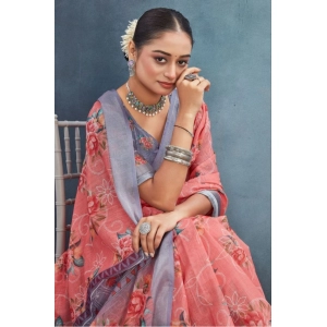 Generic Women's Linen Floral Printed Saree With Unstitched Blouse 5.5Mtr (Peach)