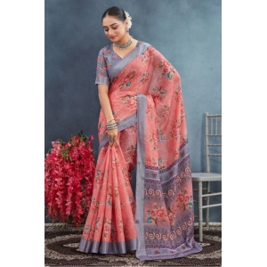 Generic Women's Linen Floral Printed Saree With Unstitched Blouse 5.5Mtr (Peach)